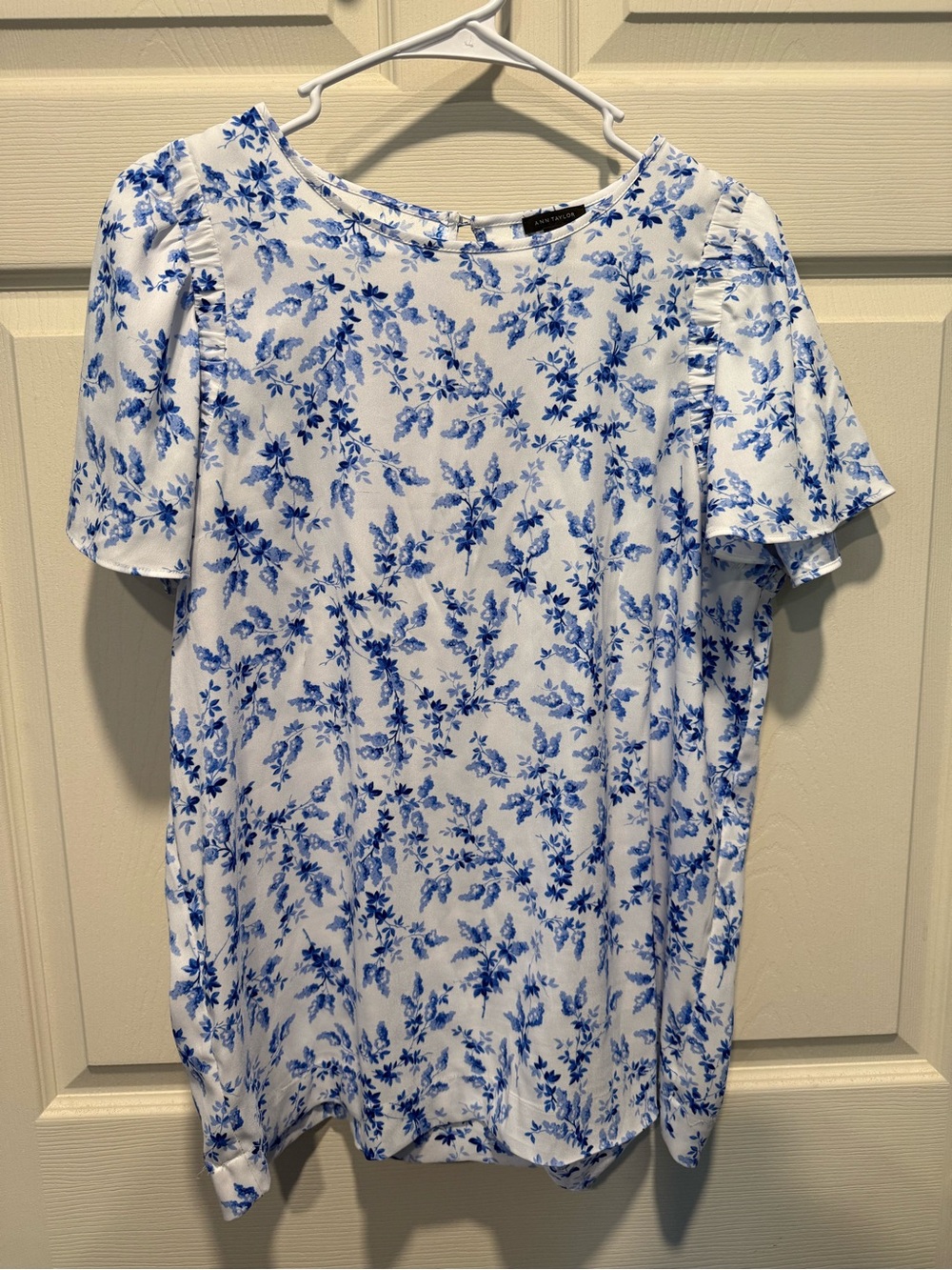 Ann Taylor White Blouse with Blue Floral Motif